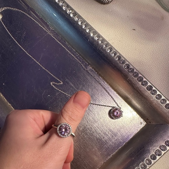 Pink and silver oval necklace and ring set - Picture 2 of 3